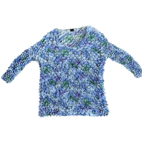 VTG Bubble TEXTURED Floral Pullover Top – Blue/Green Rosette Effect, Hand‑Wash - Picture 5 of 9